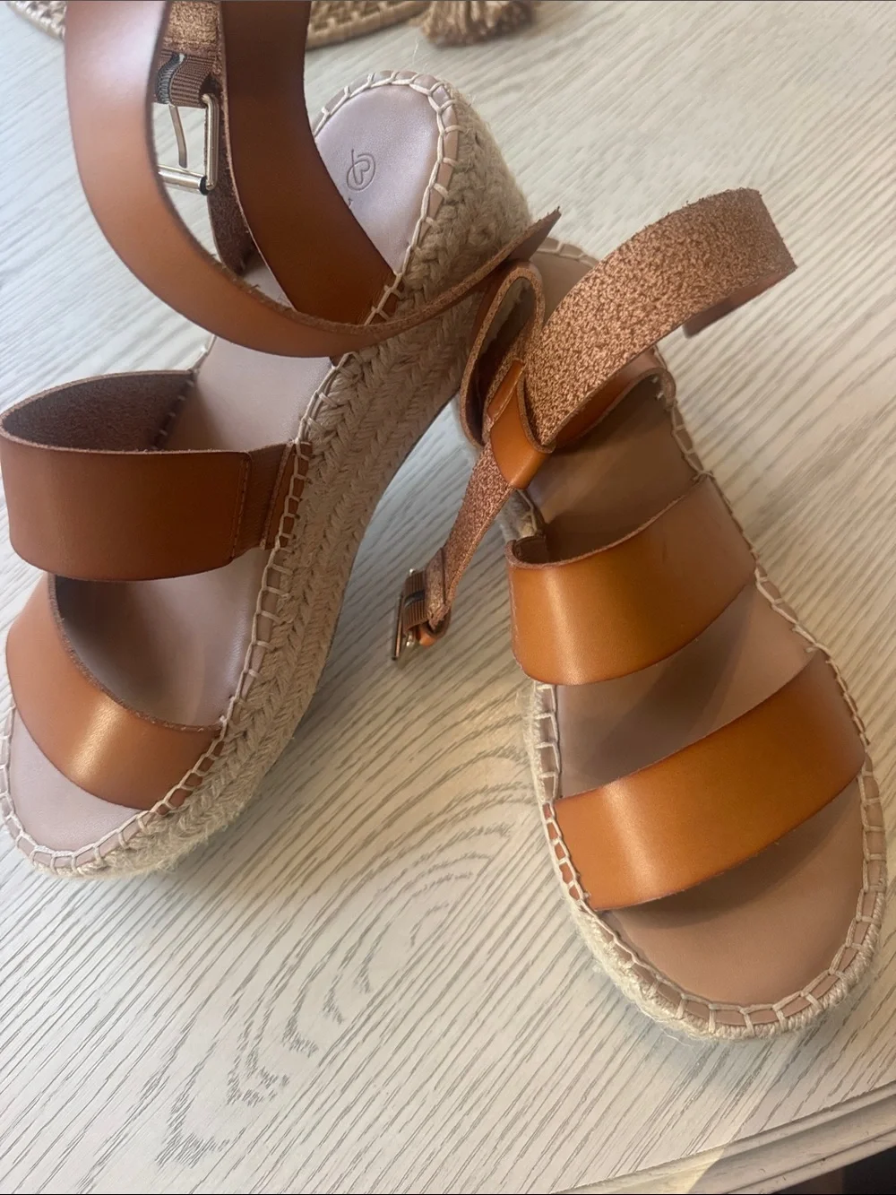 Womens Tan Leather Platform Espadrille Sandals with Ankle Strap